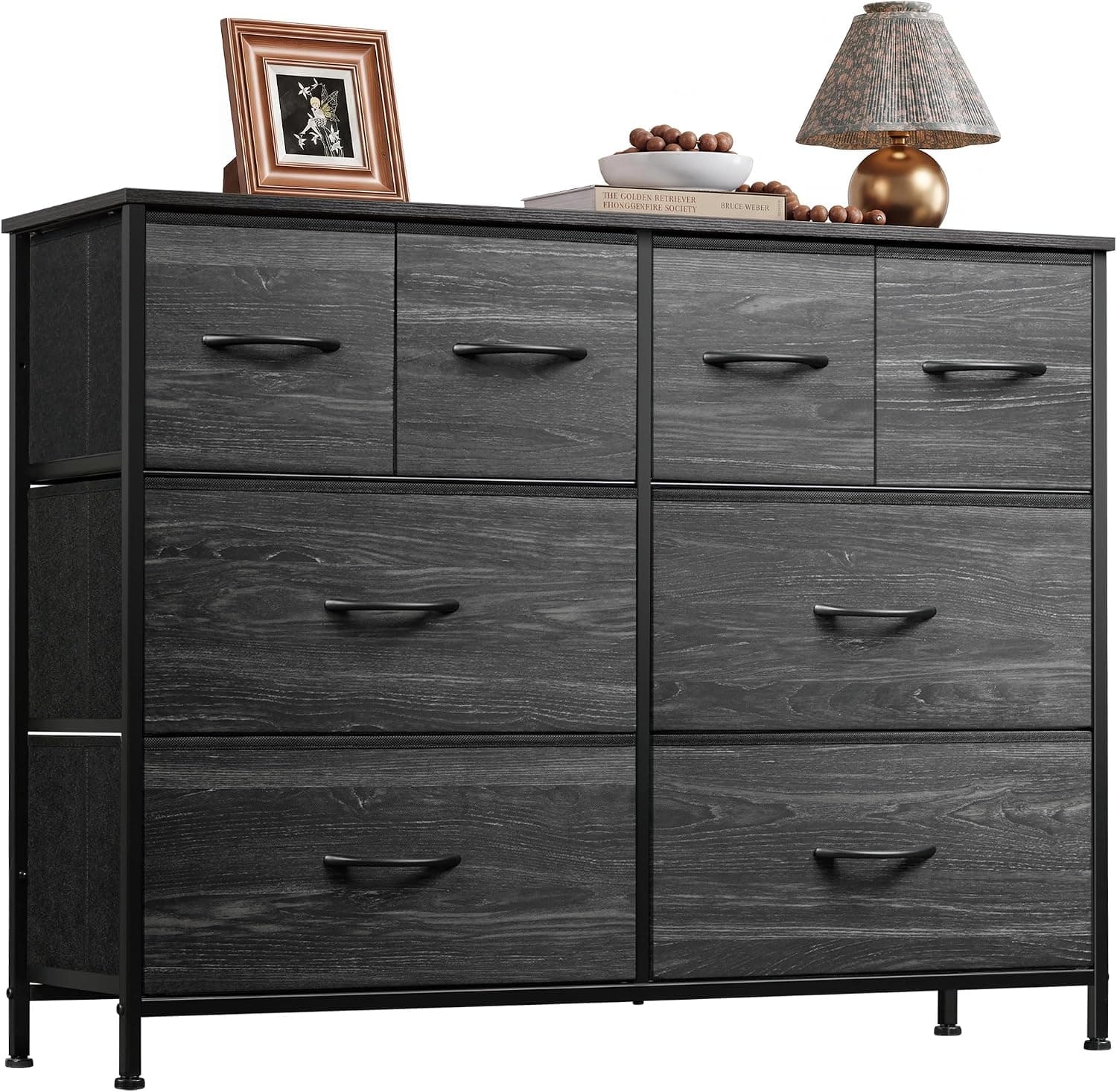WLIVE Wide Dresser, 8 Drawers, Black Wood Grain