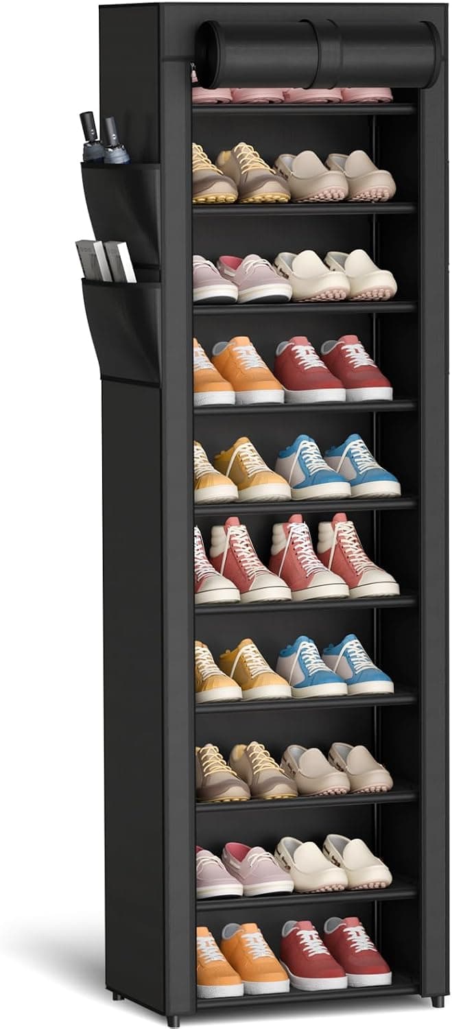 Kitsure 10-Tier Shoe Rack with Cover, 17.5 in Wide, Black