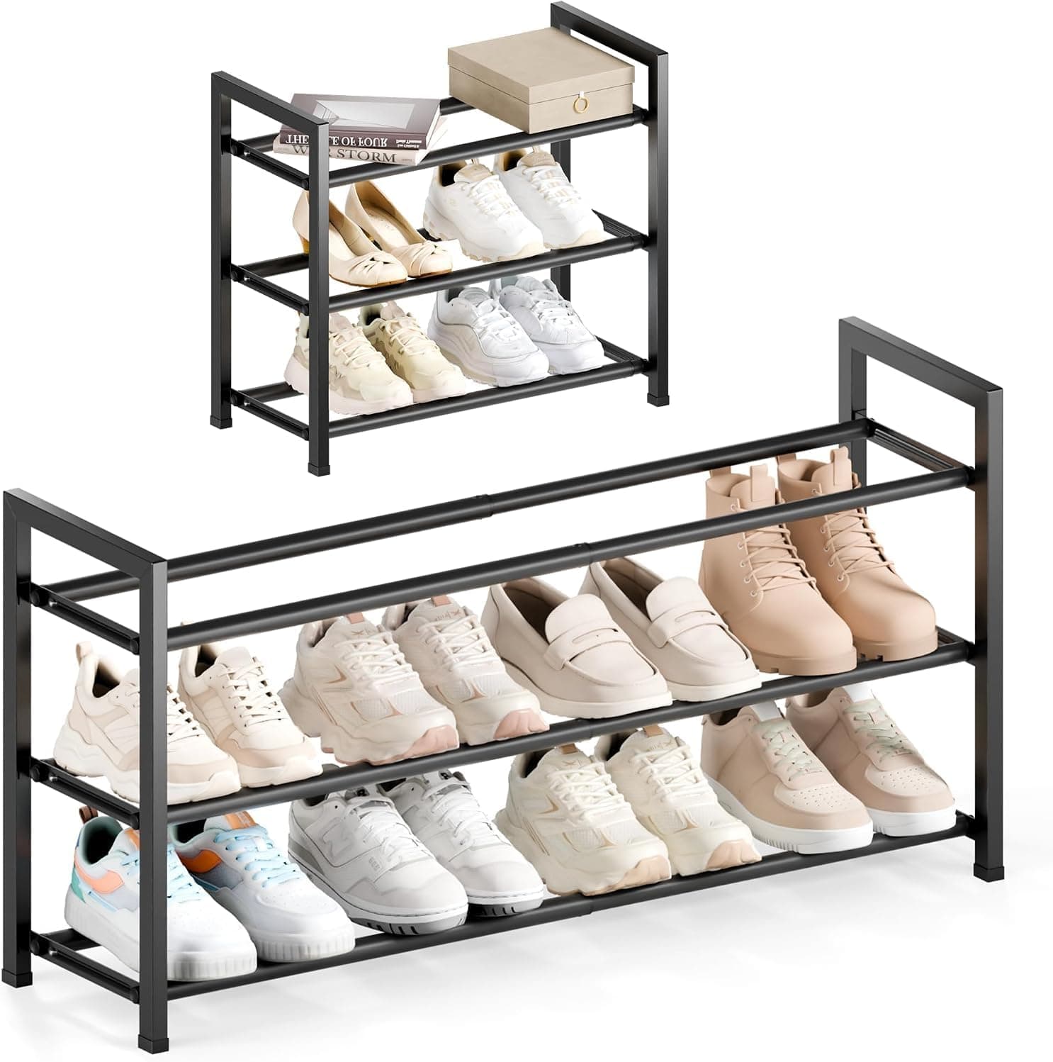 Bumusty 3 Tier Expandable Shoe Rack, 18 to 33 in, Black