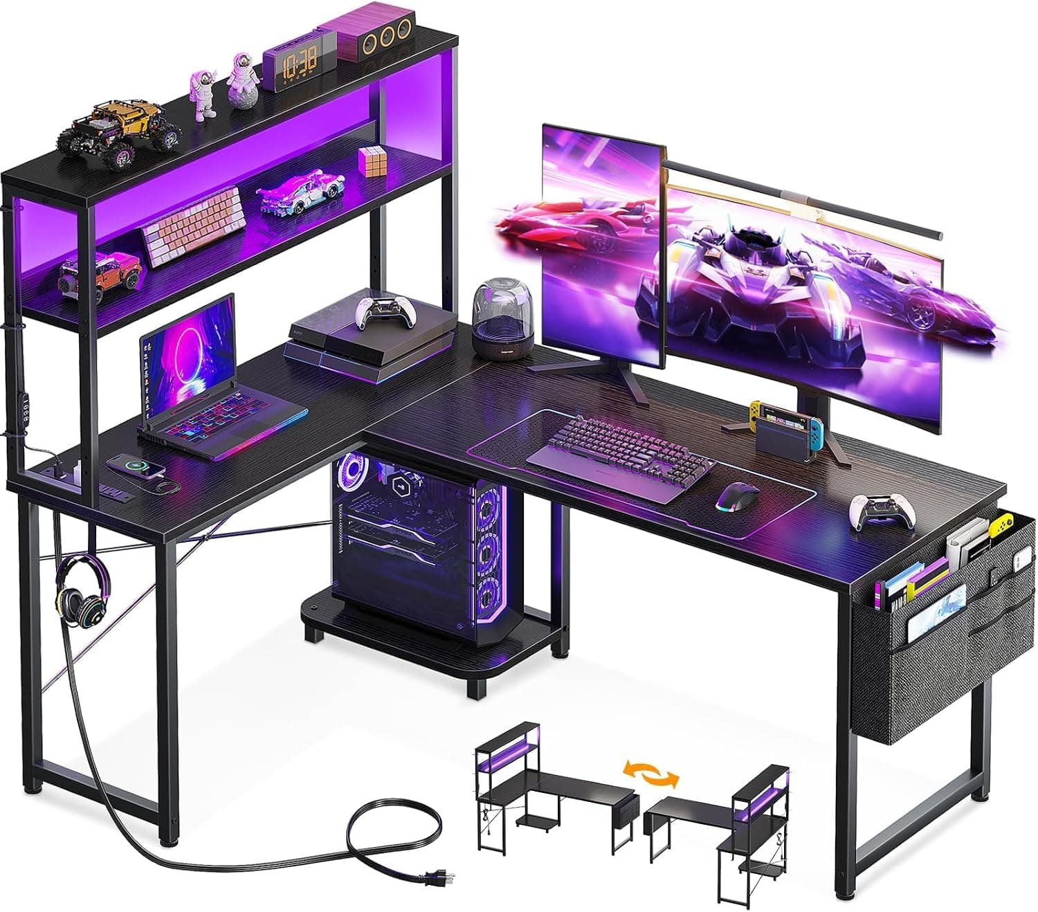 AODK L Shaped Desk with LED Light and Power Outlet, 53 Inch, Black